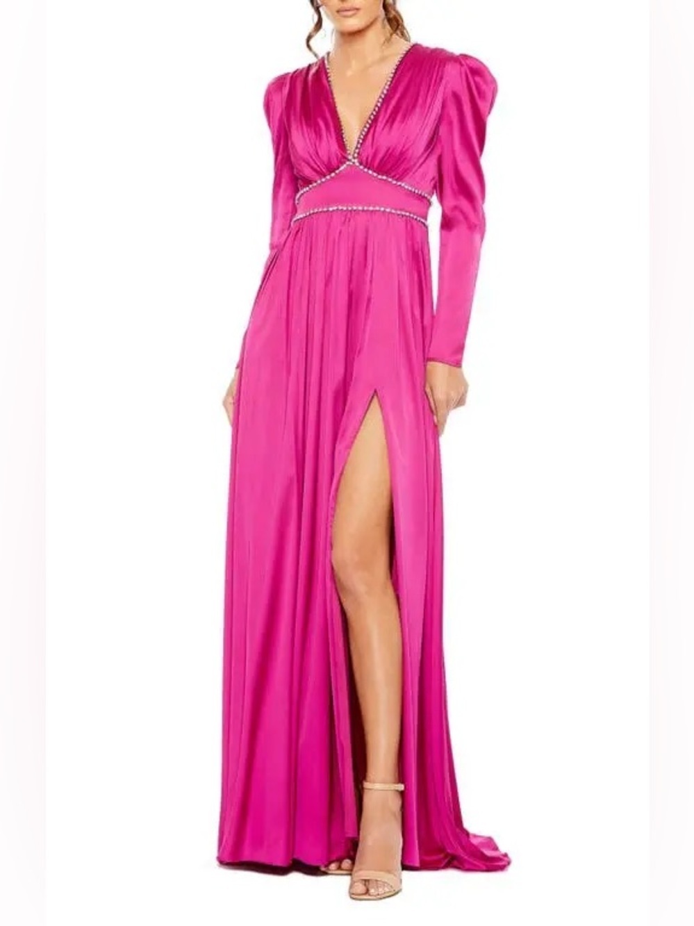 Mac Duggal Crystal Trim Satin Maxi Dress